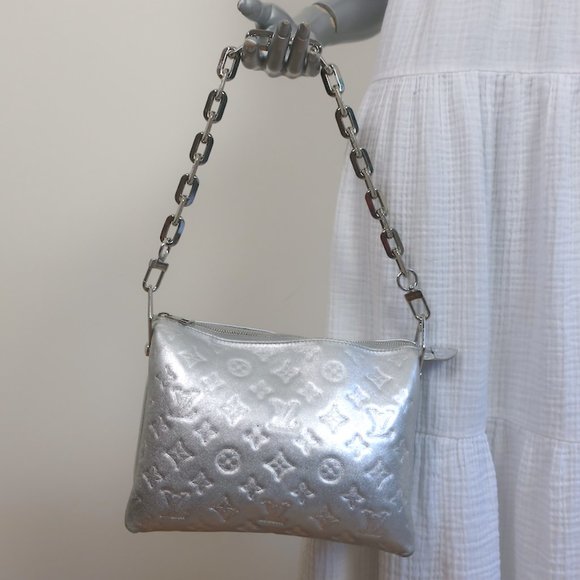 LOUIS VUITTON COUSSIN PM SHOULDER BAG SILVER MONOGRAM EMBOSSED LEATHER CROSSBODY - Picture 2 of 12